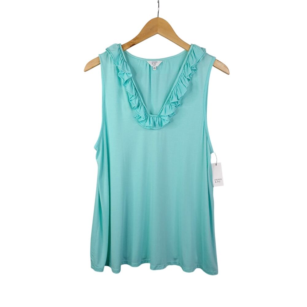 Crown‎ & Ivy Women Ruffle V-neck Sleeveless Top 0X Mint Curvy Stretch Knit 14-16
